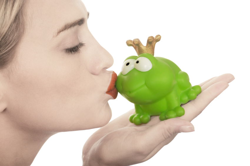 Frog price being kissed by a beautiful glamour model